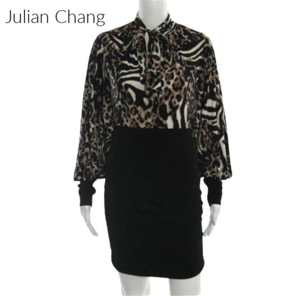 Julian Chang Dresses & Skirts - Vintage Julian Chang Multi Animal Print V Neck Long Sleeve Tunic Dress